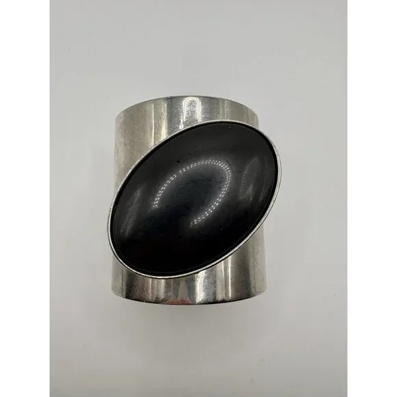 Large Silver Tone Cuff Bracelet Black Oval Stone Statement Bold Maximalist - Picture 2 of 4
